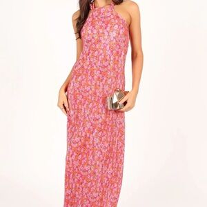 MELODY PLISSE HALTER MAXI DRESS - HOT PINK